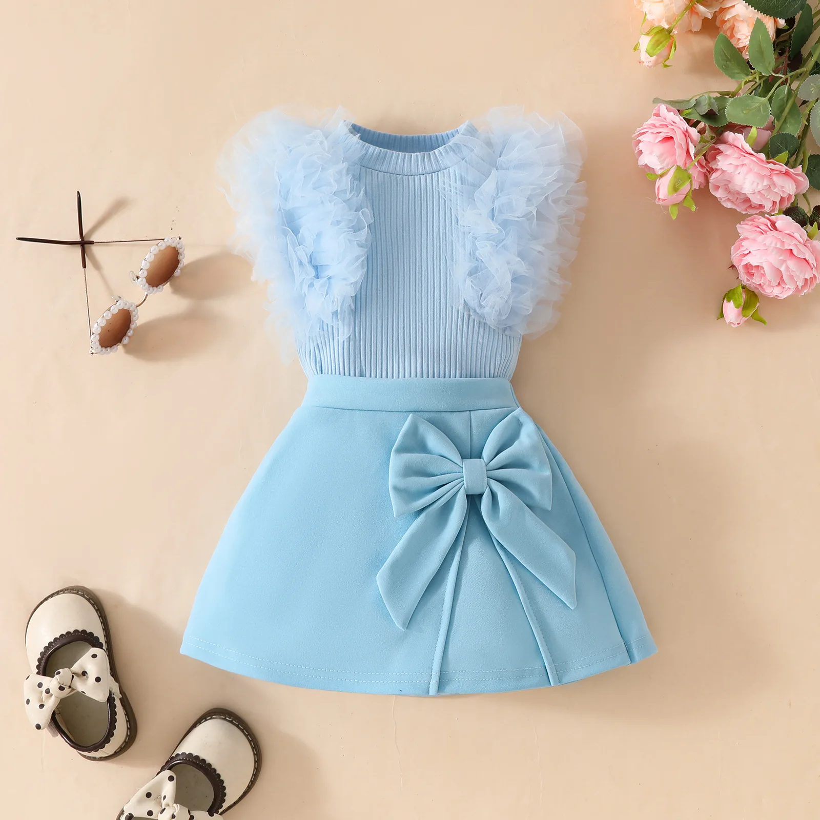 All cotton Solid color Summer Short SkirtGirl Baby Sweet Summer Mesh Pit Strip Sleeveless Top Solid Color Bow Half Skirt Set