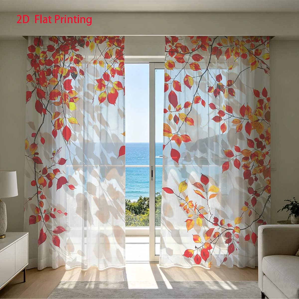 2PCS Digital Print Sheer Curtains, Red Yellow Fall Maple Leaf Pattern, Autumn Wedding Drapes for Living Room Bedroom Decor