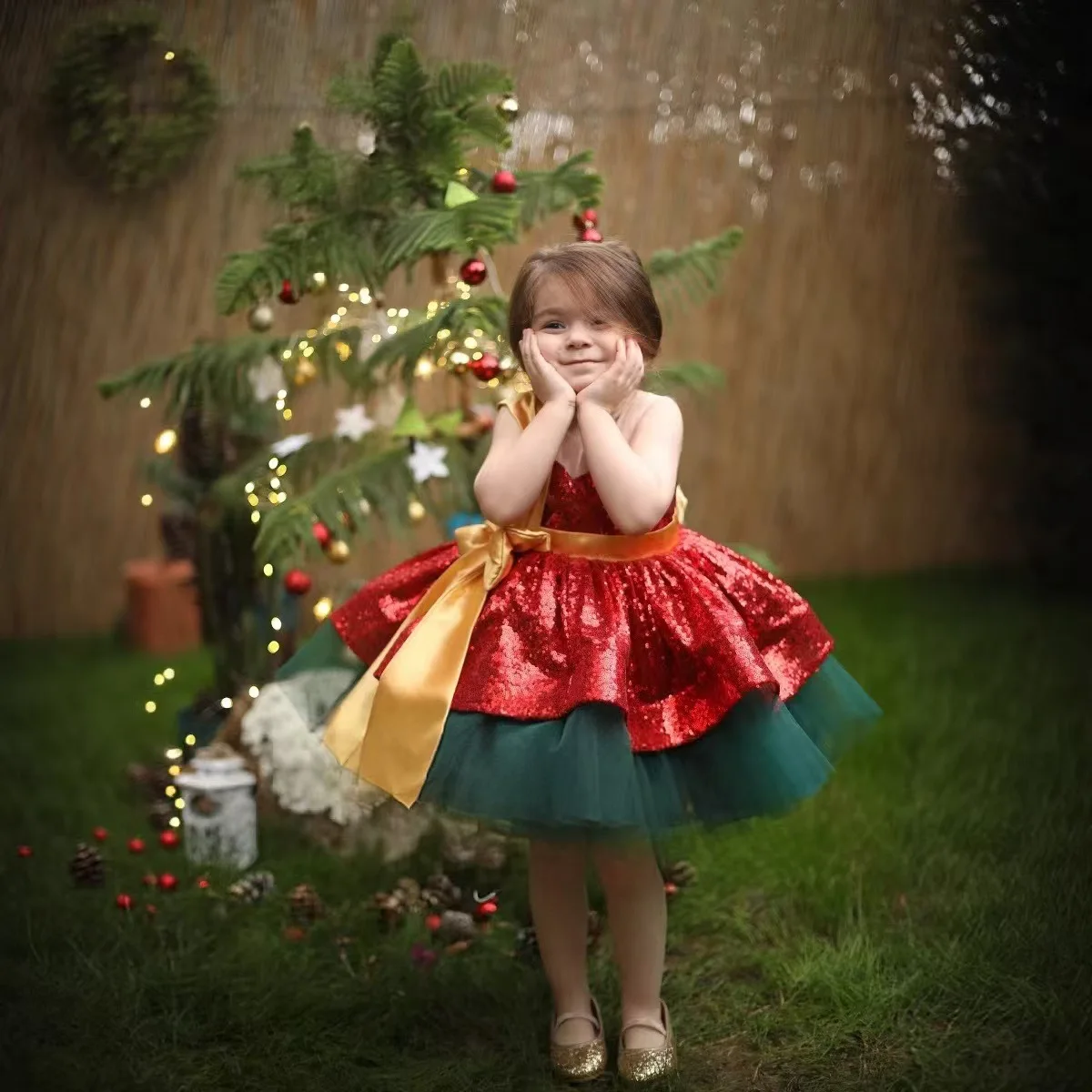 Flower Girl Dress New Christmas Green Birthday Princess Dress Sleeveless Dress Halloween Bow Graduation Prom Dress Customized