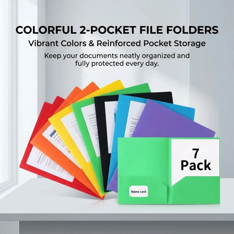 Dossiers documents à deux poches, 7 pièces couleurs assorties avec emplacements pour cartes visite pour documents
