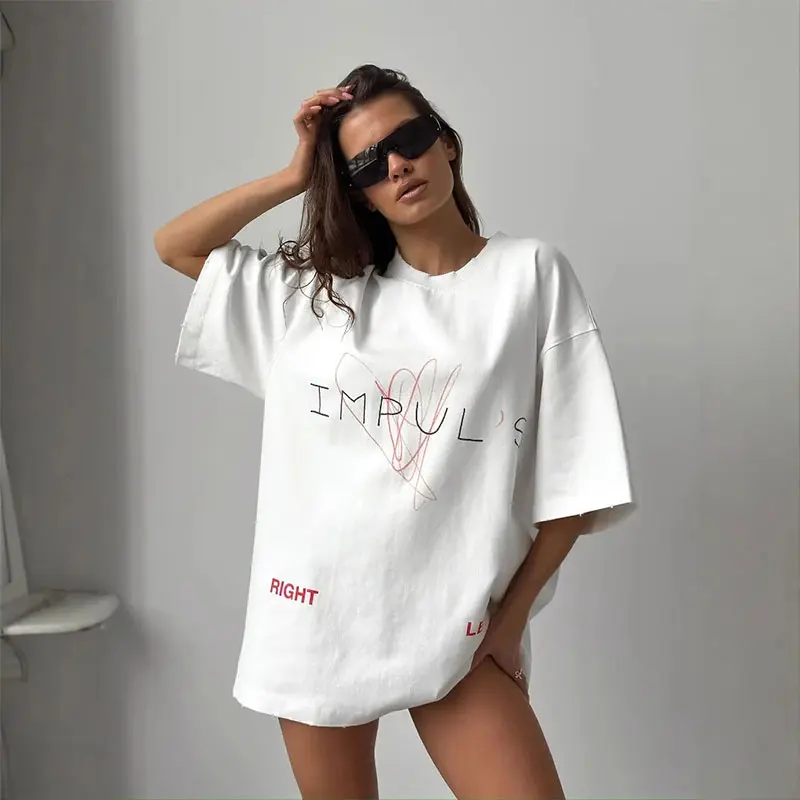 

Retro Street Loose Laid-Back Style T-Shirt For Women 100% Pure Cotton Trendy Print Short-Sleeved Versatile Mid-Length Top Female