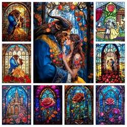 Beauty And The Beast Rose Flower Stained Glass Art Diamond Painting Kits Princess Belle 5d Diy Cross Stitch Handcraft Home Decor