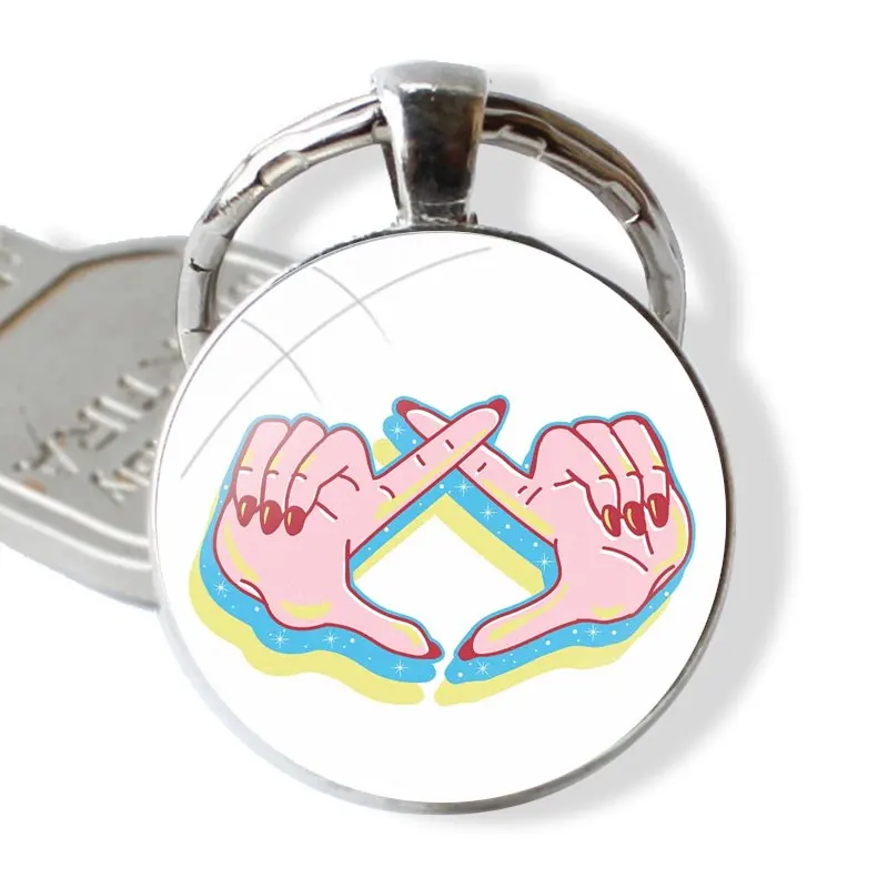 A Chi O Hand Sign Light Keychain Handmade Glass Cabochon Key Ring Holder Pendant Key Chains