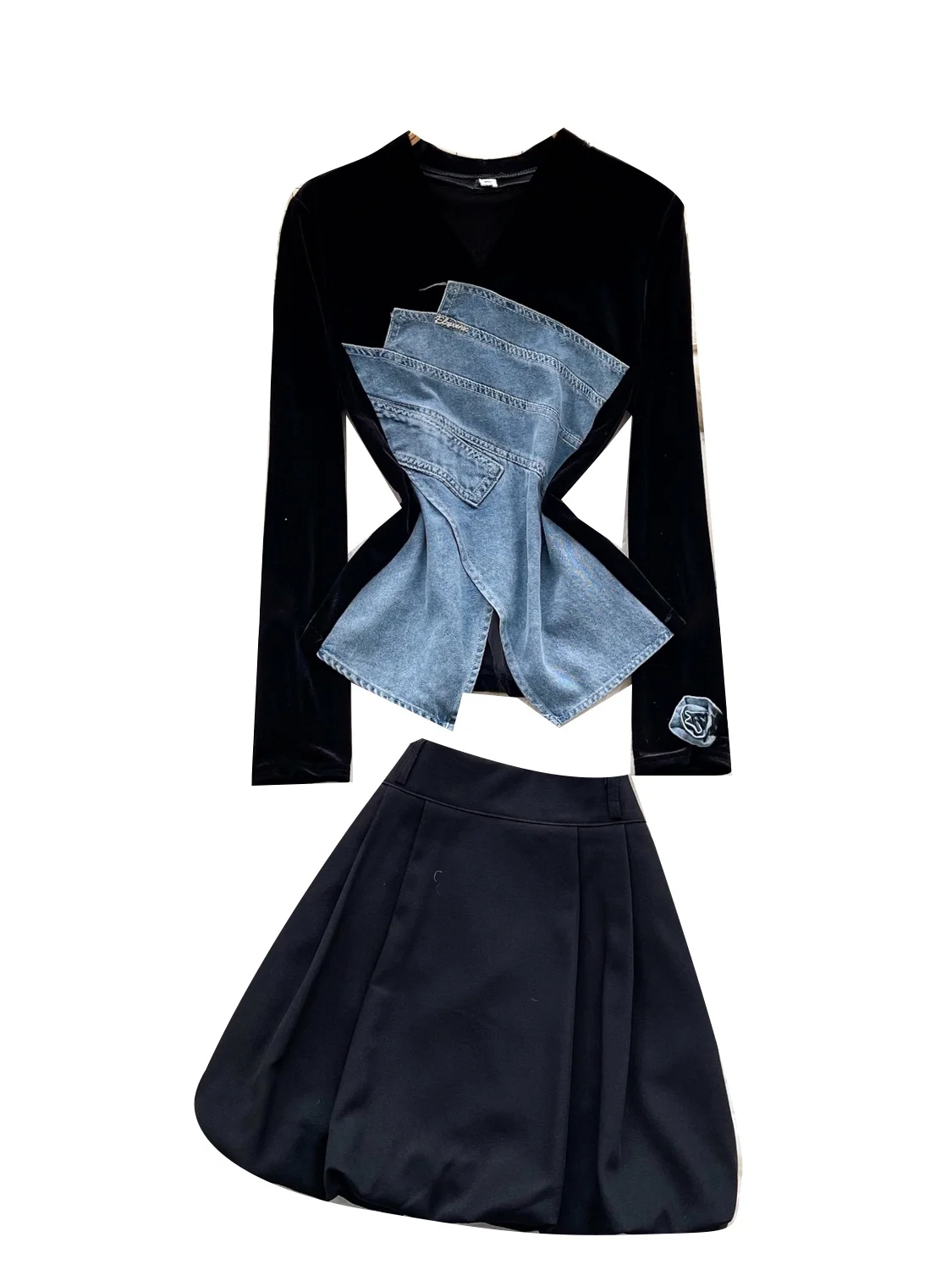 طقم أزياء نسائي للخريف والشتاء، تنورة منتفخة عالية الخصر وطباعة زهور الورد طويلة، تصميم غير متساوي