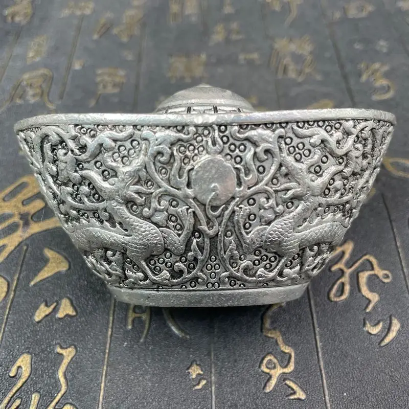 New Alloy Qianlong Double Dragon Playing with Pearls Embossed Silver Ingot Craft Ornament