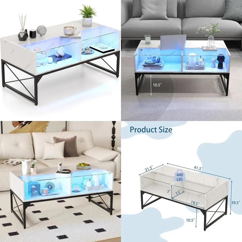 LED Coffee Table with Storage Cubes, High Gloss Faux Marble & Tempered Glass Top, Adjustable Lighting, Modern Living Room Furnit