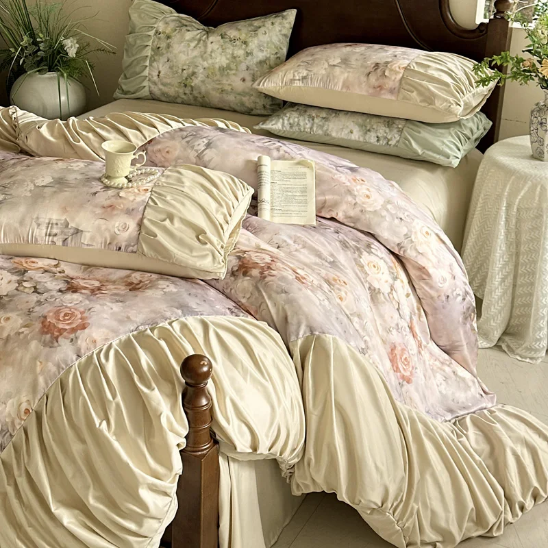 3/4Pcs Bedding Set Tencel Cotton Ice Silk French Vintage Pleated Style Luxury Duvet Cover Bed Linen 2 Bedroom With Elastic Band