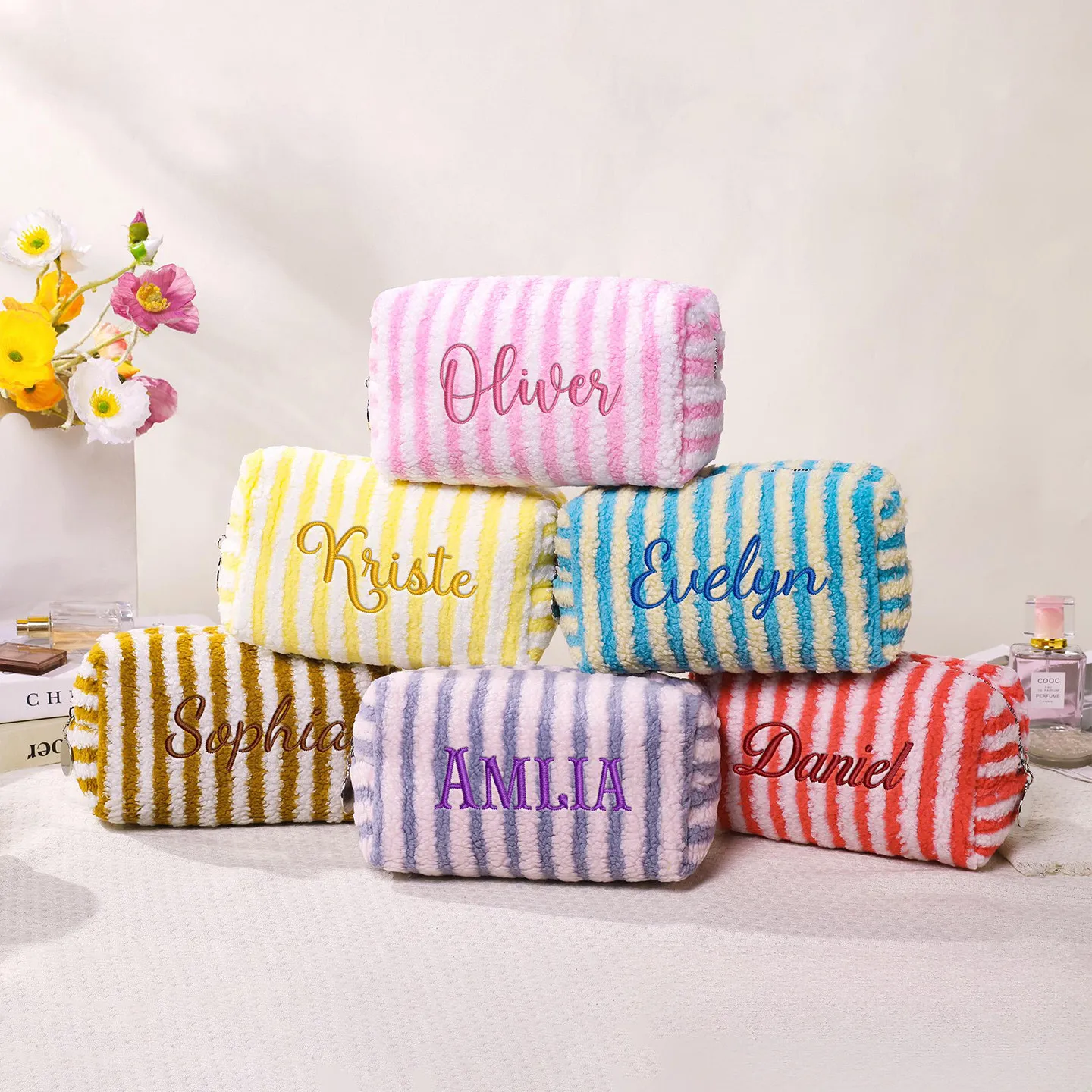 Custom Embroidered Seersucker Makeup Bag Large Striped Quilted Cosmetic Pouch Travel Toiletry Organizer Bridesmaid Wedding Gift