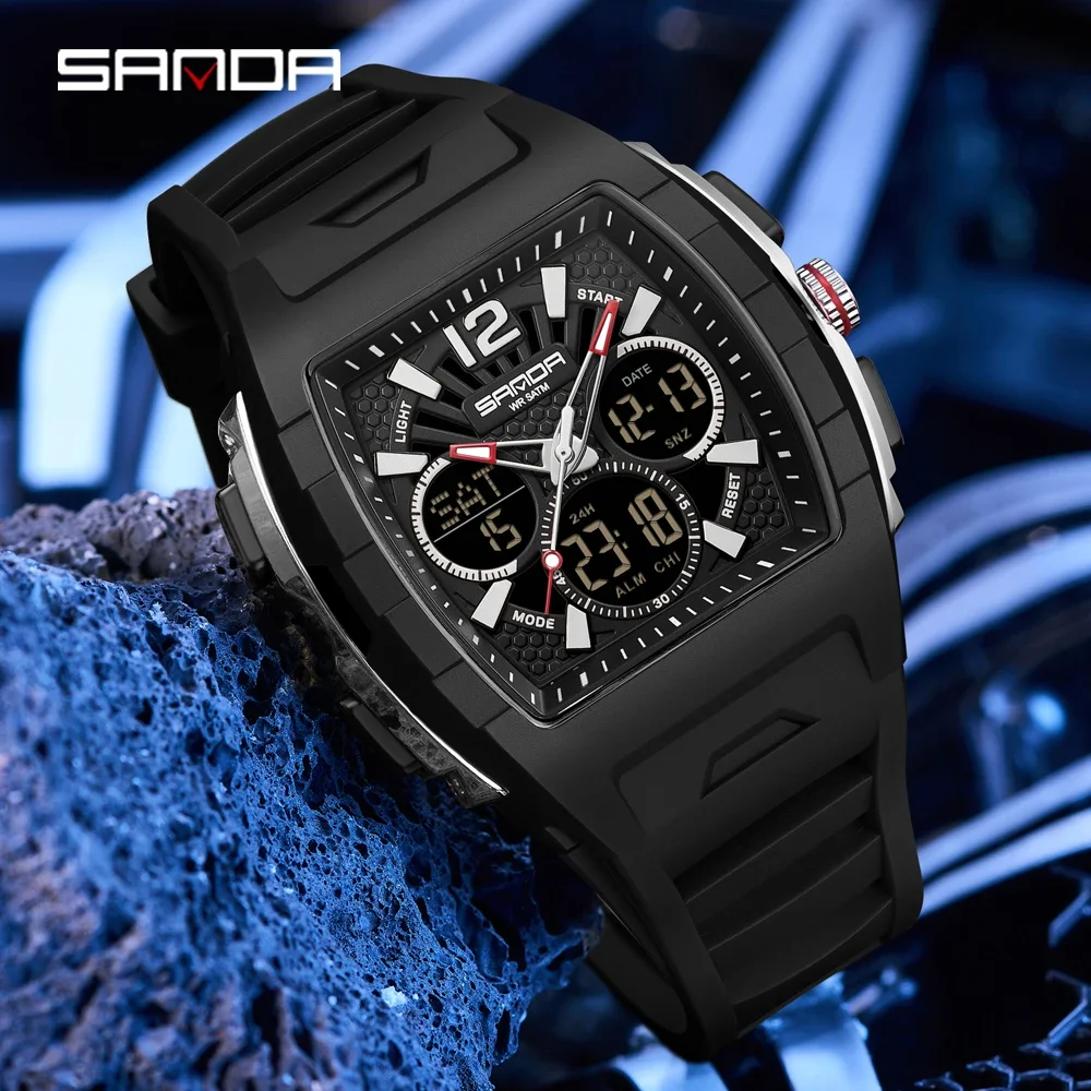 SANDA Fashion Trend Dual-display Men's Quartz Watch Sports Waterproof LED Analog Digital Countdown Electronic Male Wristwatch