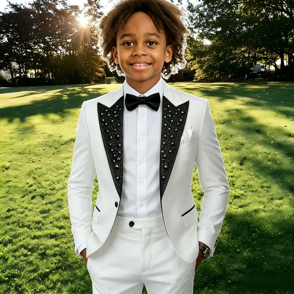 2026 Crystal Beading White Boys Suits Costume Formal Wedding Tuxedos For Child Flower Boys 2 Pieces Kids Party Blazer Sets