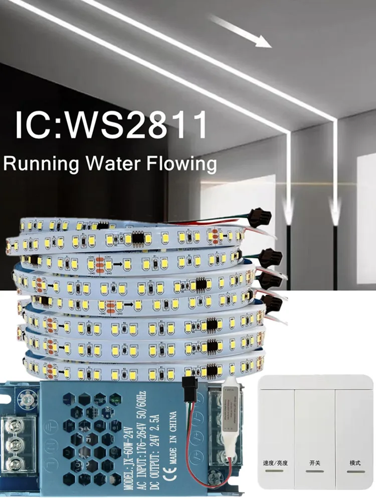 Bande lumineuse LED coulante d'eau courante, 5M 10M DC24 WS2811, SMD2835, Pixel de course de chevaux, adressable, ensemble de lampes linéaires flexibles