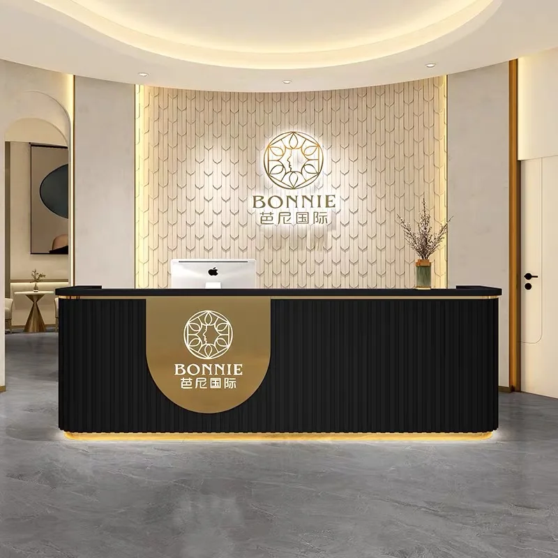 Luxury Stainless Steel Gold Stripe Marble Reception Desk Front Desk
