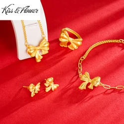 KISS&FLOWER 24KT Gold Bowknot Jewelry Set For Women Necklace+Ring+Bracelet+Stud Earrings Fine Wedding Party Bride Lady Gift JS45