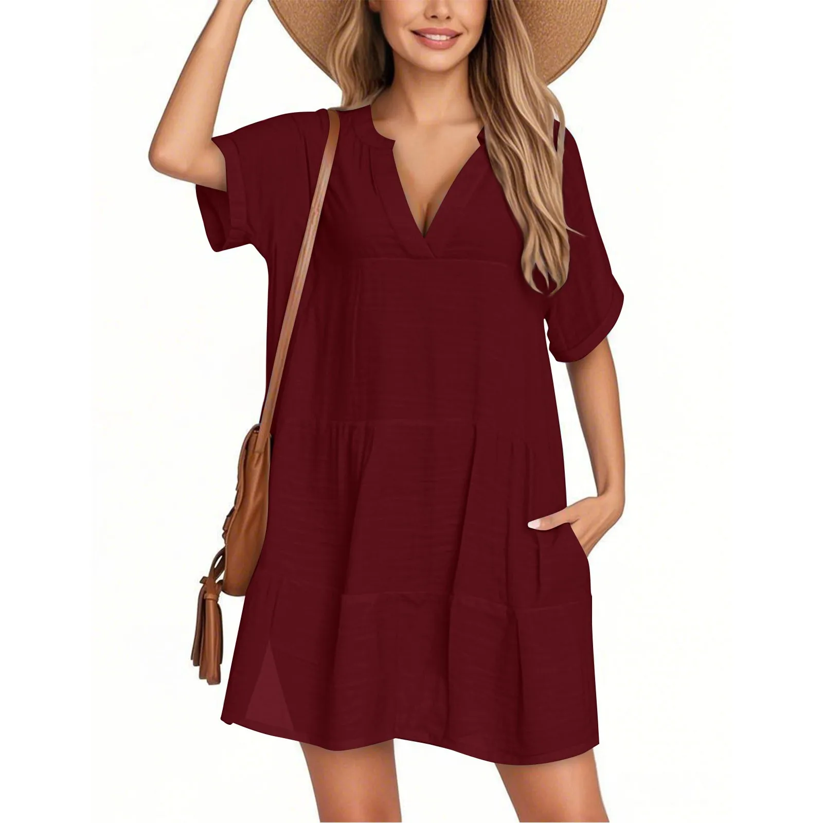 Moda donna Grembiule Casual a maniche corte con scollo a V T-shirt Abito da vacanza Abito da spiaggia Abiti eleganti da donna Abiti Mujer