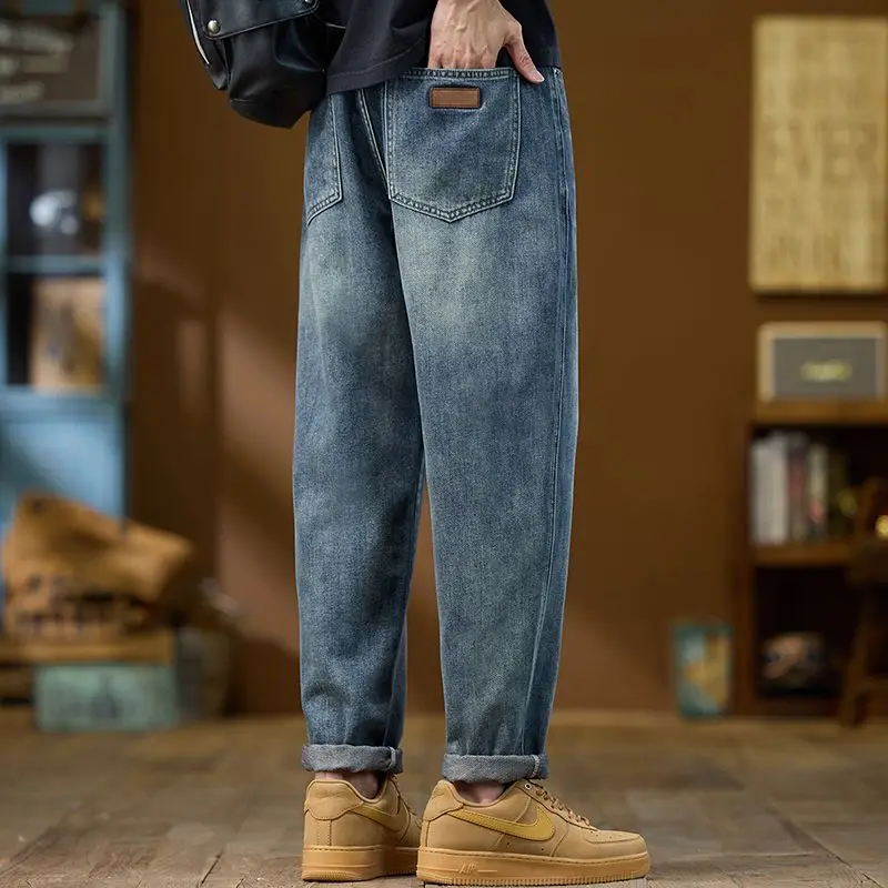 Jeans Denim Straight Pants Men Washed Distressed Mid Waist Pockets 2025 Streetwear Basics Ankle Length Trousers Vintage Denims