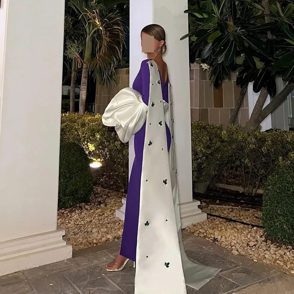 Flechazo Jersey and Satin Evening Dress Purple Front Slit Ankle Length Women Customized Sheath Long Sleeves فساتين حفلة موسيقية