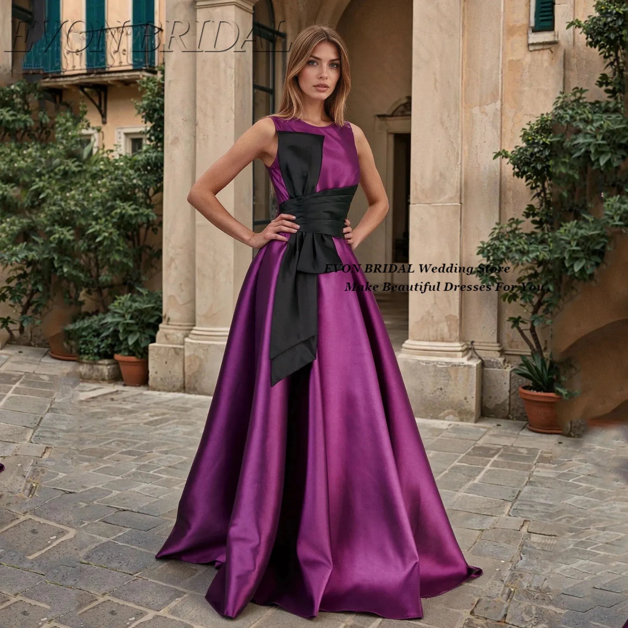 

Elegant O-Neck Bow A-line Evening Dresses Formal Color Clash Party Gowns Customized Women's Wedding Guest Dress EVON BRIDAL