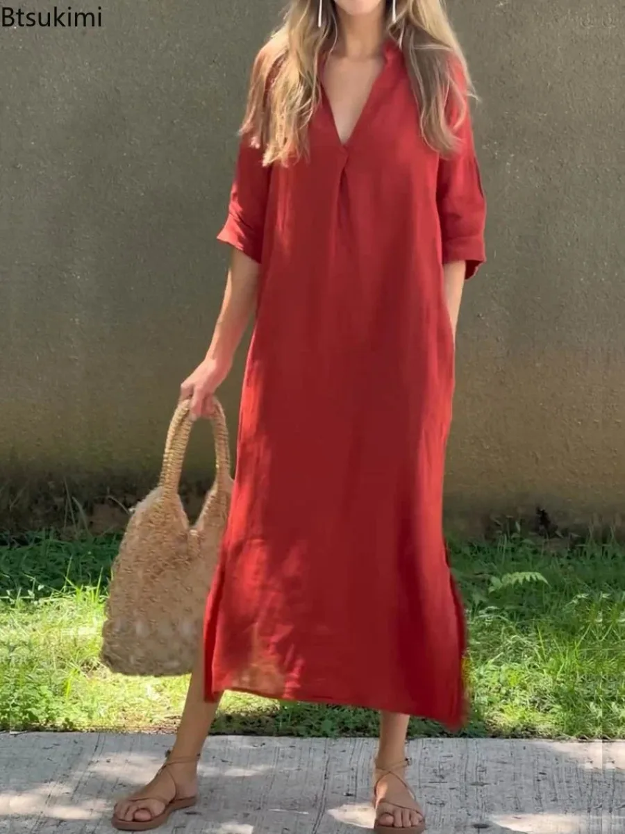 

Summer Cotton Linen Solid Color Casual Maxi Dress Women's Fashion Deep V-neck Side Split Loose Pocket Long Skirt Ladies Dresses