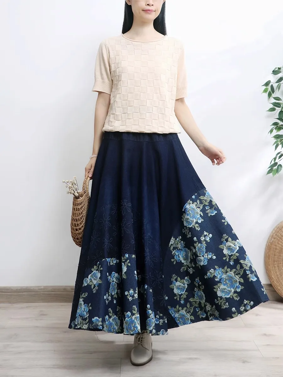 Women Female Autumn Winter Printed Splicing Denim Skirts Thicker Prairie Chic Vintage Casual Elastic Waist A-Line Fashion Sweet