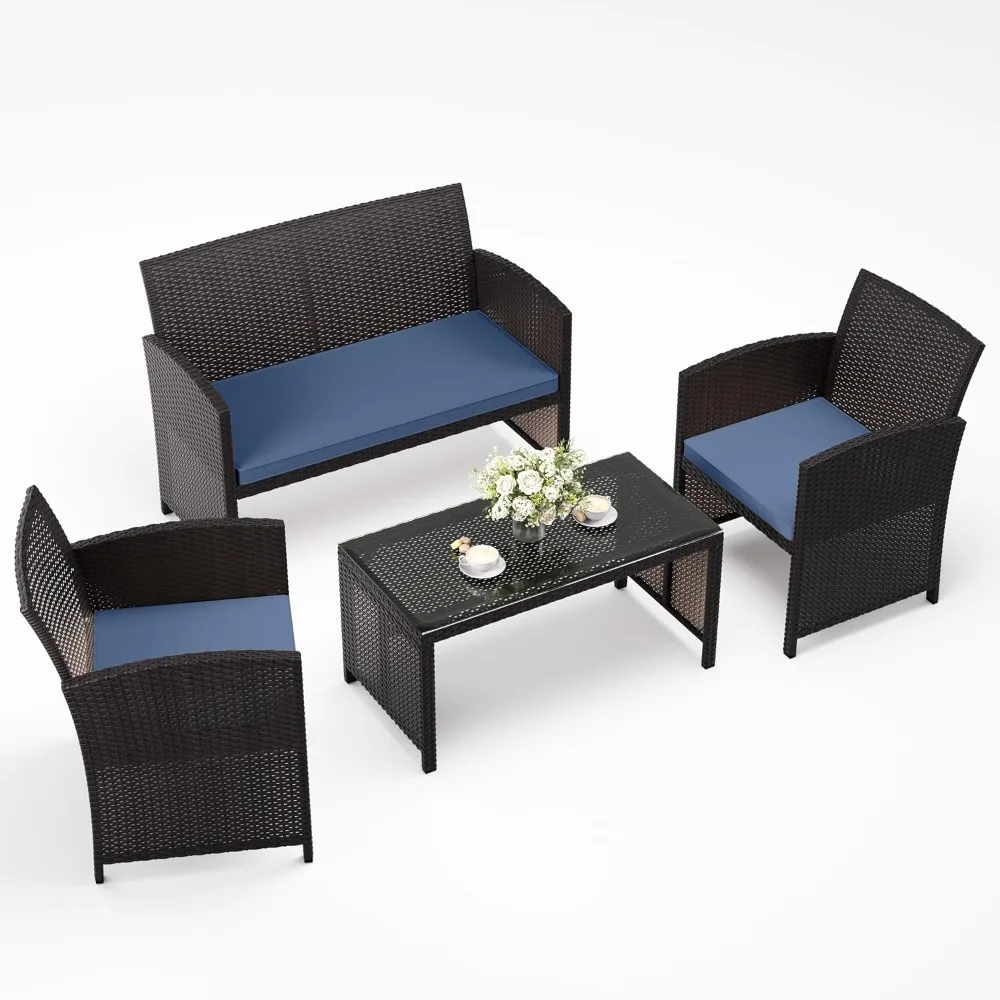 

4-Piece Outdoor Patio Furniture Set, Wicker Rattan Chairs & Sofa with Cushions and Glass Coffee Table, Conversation Set for Bac