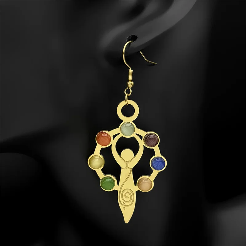 7 Chakra Stone Yoga Drop Earrings for Women  Stainless Steel Gold Color Bead Chain Reiki Spiritual Healing Amulet Jewelry EQKC