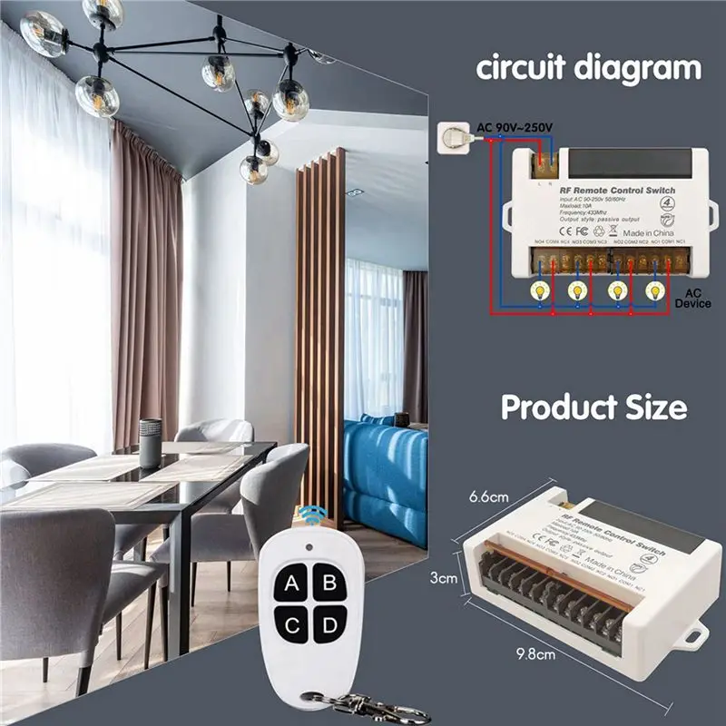 BAAG-2X 4 Channel Wireless Relay Remote Control Switch 433.92 Mhz RF AC90-250V 10A Relay Receiver With 4 Remote Control