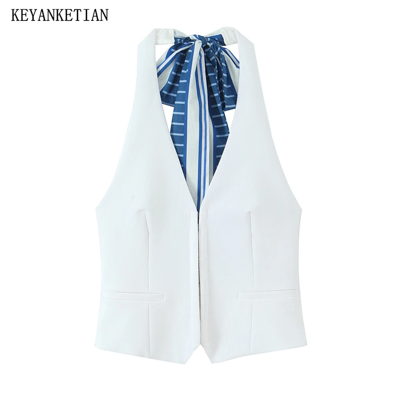 

KEYANKETIAN 2025 Summer New Women's Striped Patchwork Halter Sleeveless Top Vest Holiday wind Covered Button Slim Camisole