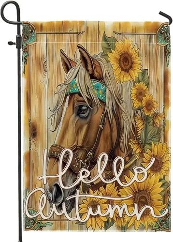 Funny Fall Horse Garden Flags Double Sided for Outside, Hello, 12x18 Inch XXQ