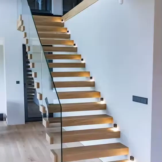 USA Oak Pedal Indoor Wood Straight  Vintage Customized Floating Staircase Steel Stairs Smart Led Light
