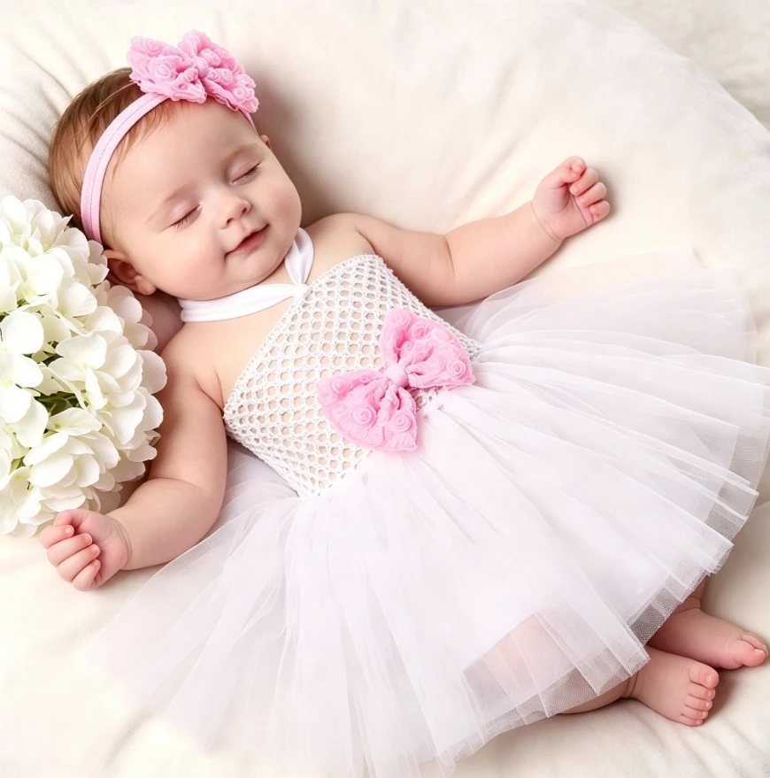 Baby Girl White Elegant Puffy Tulle Skirt With Bow Hair Accessory Outfit Birthday Party Photo Casual Dress Suitable For 6-18M