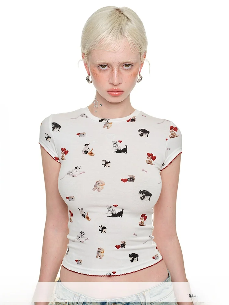 

JINN STUDIO Women's Slim Fit ort Sve T-irt round Ne Dog Print Elastic Casual Top Summer Faion Ladies' Tee