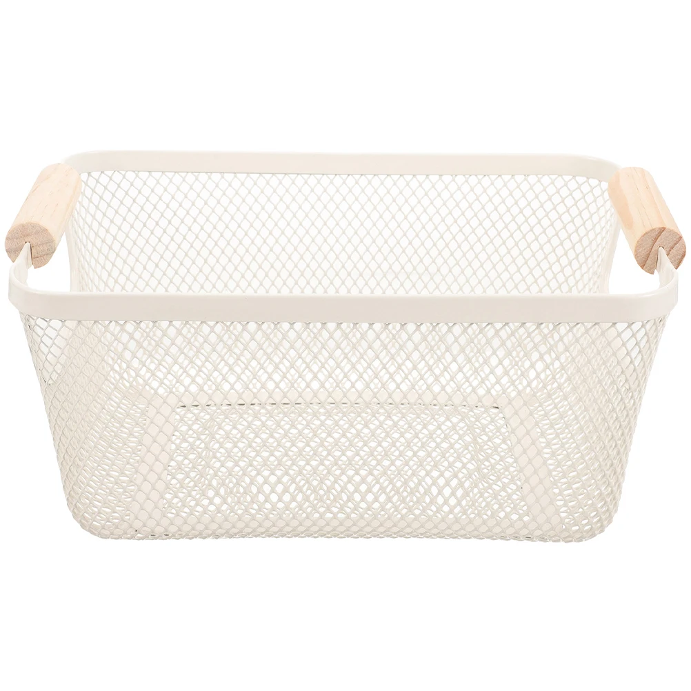 

White Medium Metal Basket Iron Wire Storage Organizer with Wooden Handle Nordic Style Decorative Baskets for Bathroom Shelves