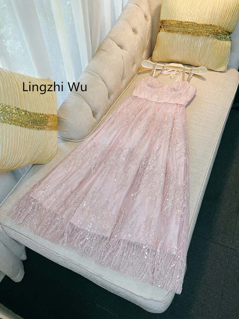 Lingzhi Wu French Elegant Top Quality Long Dress Engagement Formal Dresses Pink Handmade Diamond Halter Neck Sequin Mesh Vestido