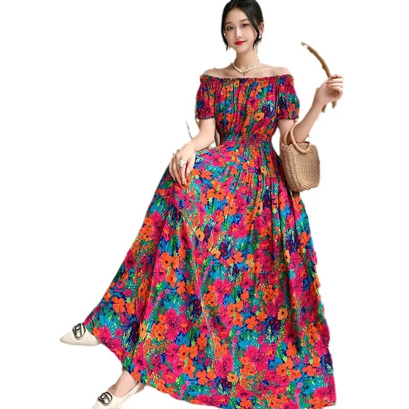 Abito Prairie Dream: maxi in cotone a strati - Spalla fredda e vita smockata