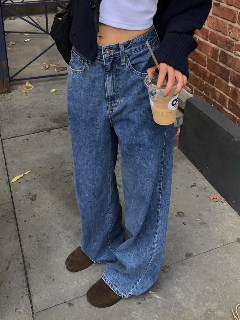 

Smoid American Retro Blue Straight Leg Loose Casual Jeans Long Pants Casual Loose Fit High Waist Denim Jeans for Women