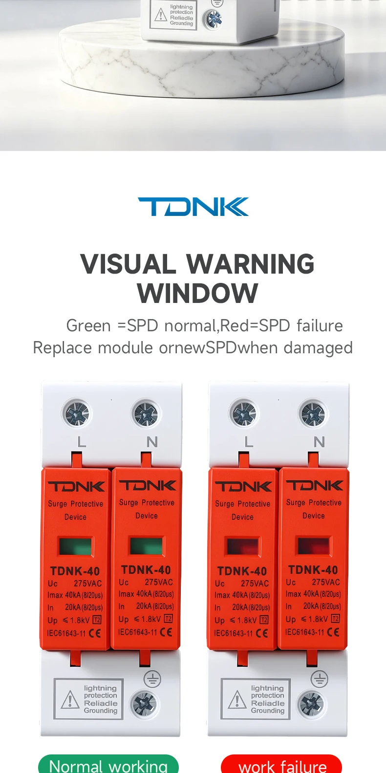 TDNK AC SPD 2P 20KA 40KA 275V 385V Überspannungsschutz für Häuser, Niederspannungsableiter, Blitzschutzgerät für Haus-PV-Systeme – Detail 7
