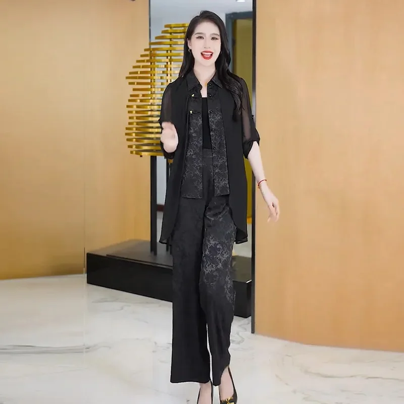 

Korean Ladies Solid Color Tops Pants 2PCS Summer Female Long Sleeve High Waist Trousers Set 2025 Women Large Size 5XL Trousers