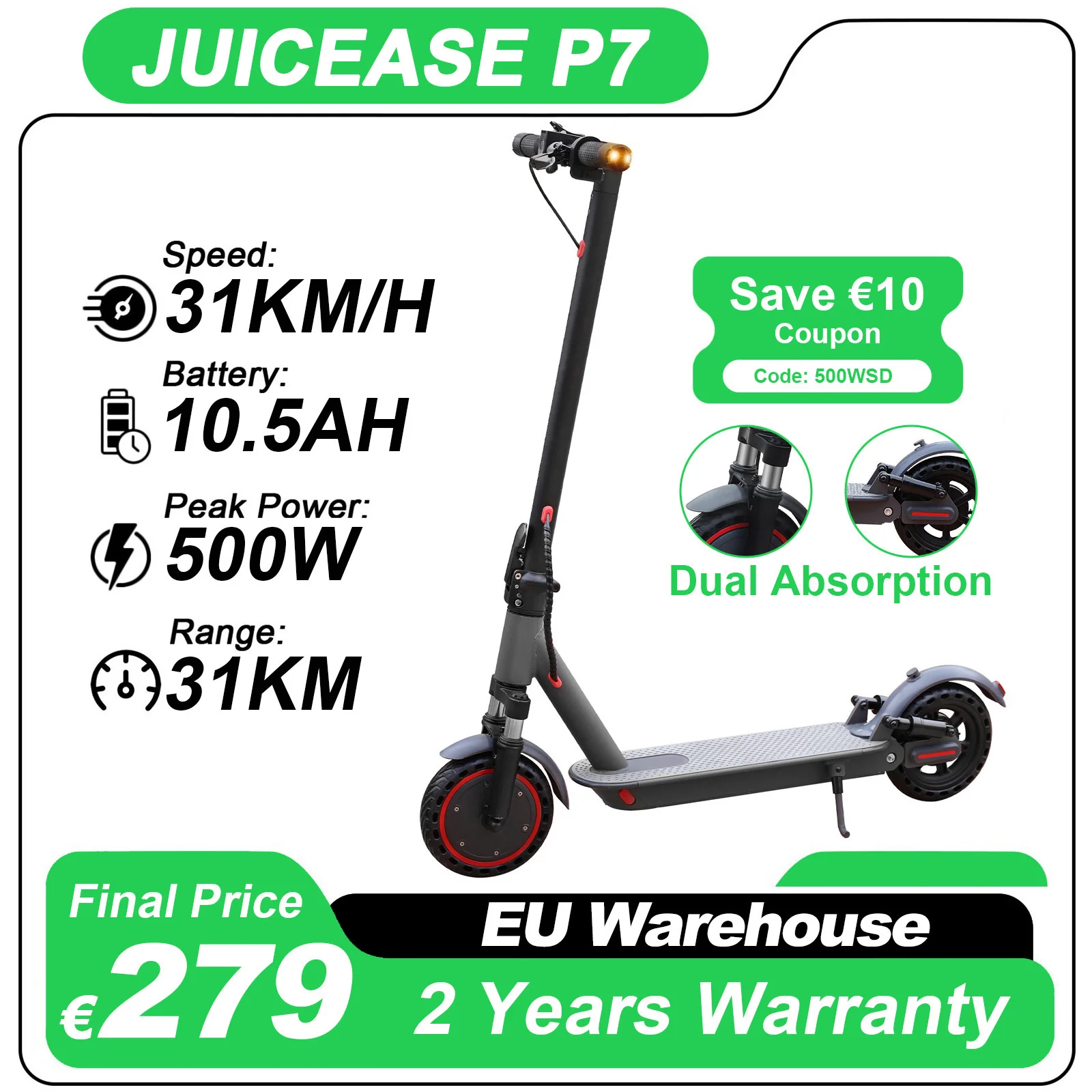 JUICEASE P7 Electric Scooter 500W Peak Power 10.5AH 350W Motor Turn Signal Dual Damping Smart Electric Scooter Aovopro APP