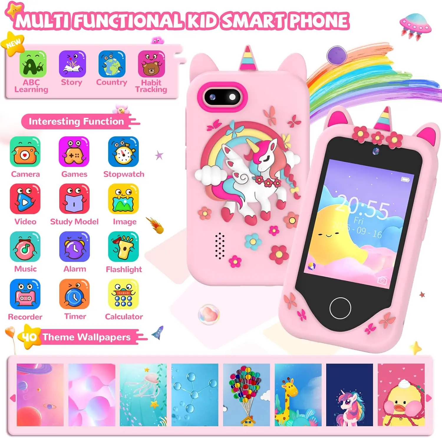 Telefone Educativo para Crianças: Tela Sensível ao Toque de 2.8\", Câmeras Duplas, Jogos, Vídeo, Cartão de 32GB, Presente para Meninas e Meninos de 3 a 6 Anos para Natal e Aniversário