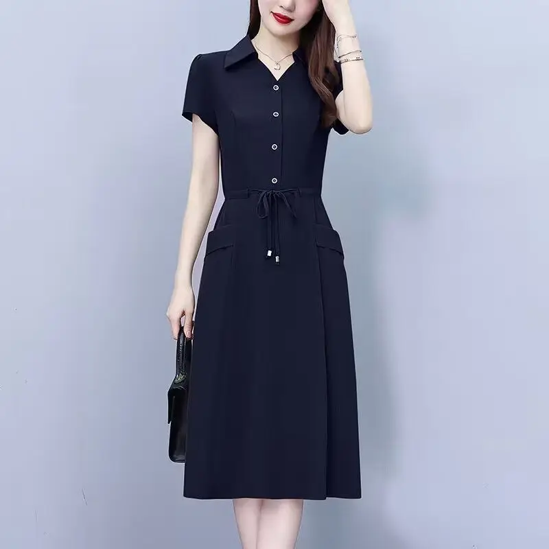 Fashion Stylish Women's 2024 Summer Patchwork Polo Shirt Button Zipper Sashes Pocket Solid Color Slim Waist Short Sleeved Dress