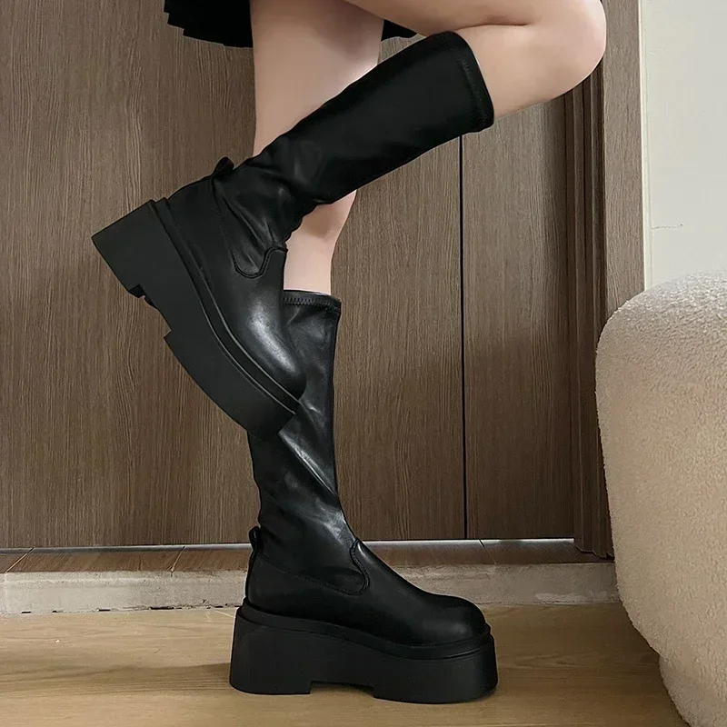 Chunky Women Knee High Boots Fashion Slip On Knight Long Booties Platform Flats Autumn Winter Shoes