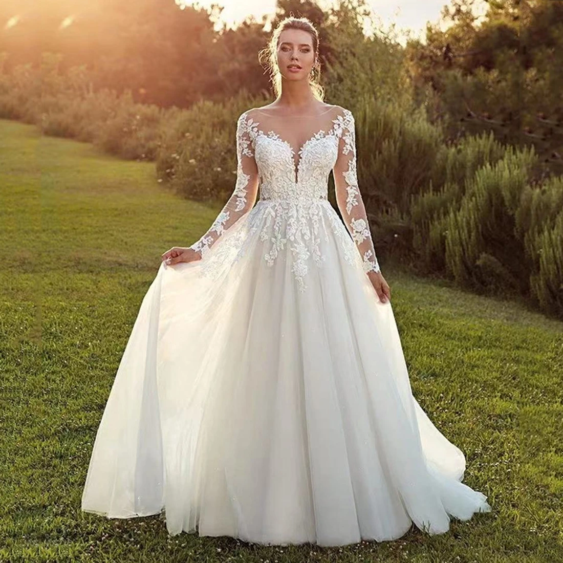 Recién llegado, vestidos de novia estilo bosque, cuello redondo, corte en A, vestidos de novia con apliques personalizados