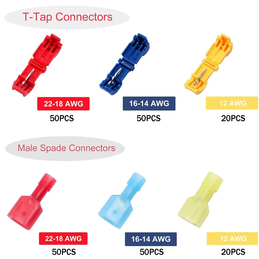 240pcs T-Tap Wire Connectors, AWG 22-10 Self-Stripping with Nylon Insulated Quick Disconnect Splice Electrical Spade Terminals