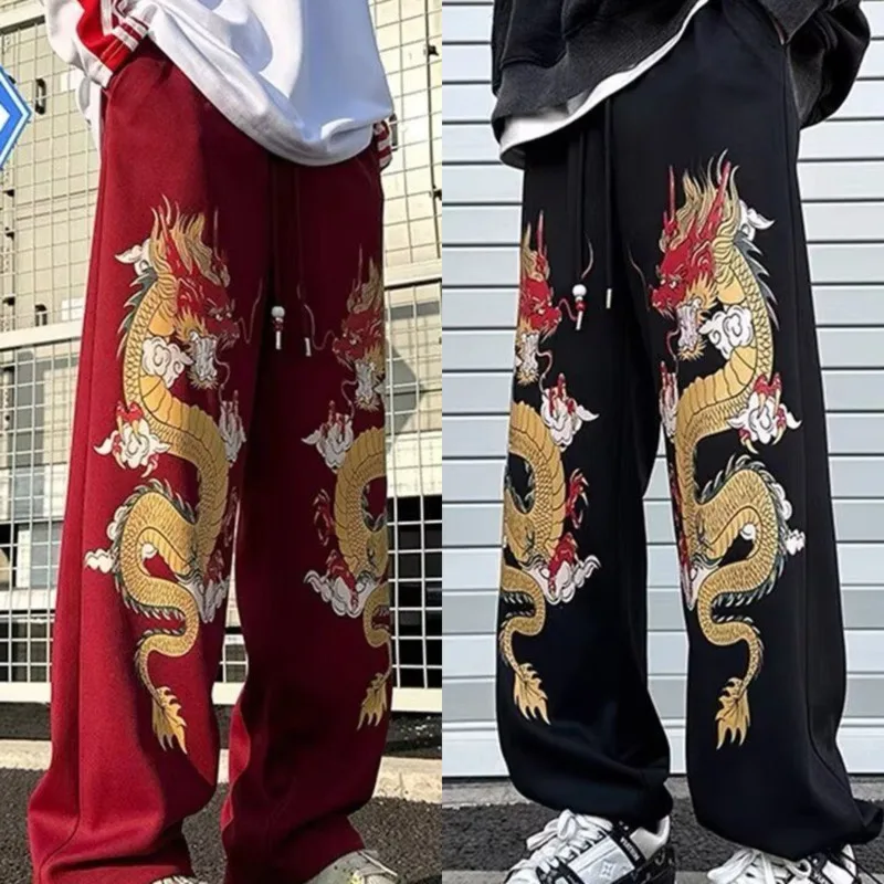 

Chinese Style Loong Dragon Print Sweat Pant Jogger Drawstring Pants Streetwear Casual Sweatpant 2024 Fashion Trends Sweatpant