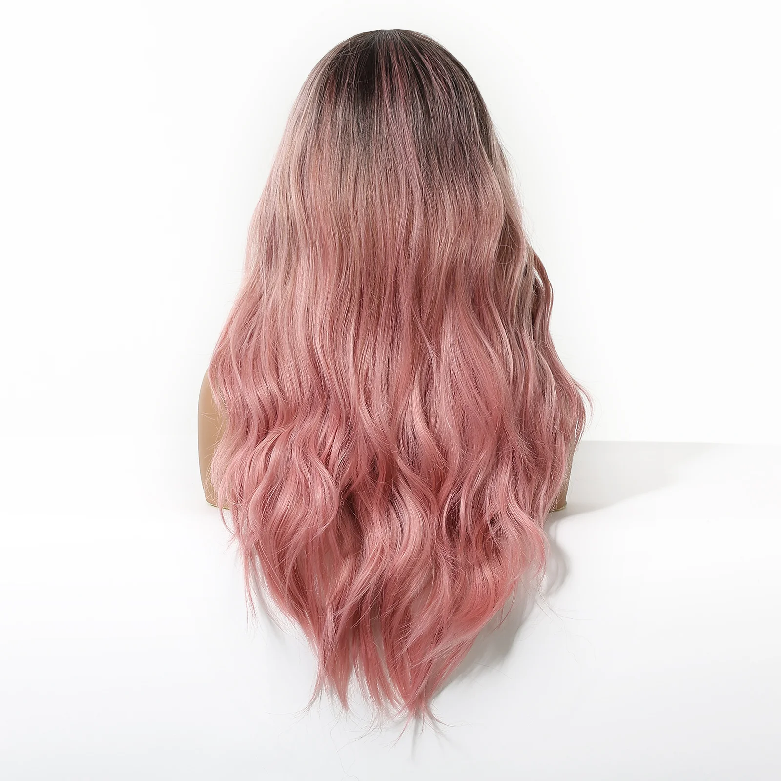 ALAN EATON Rosa gewellte synthetische Perücke, langer Mittelteil, dunkle Wurzelperücke für Frauen für die tägliche Weihnachtsfeier, hitzebeständige Faser