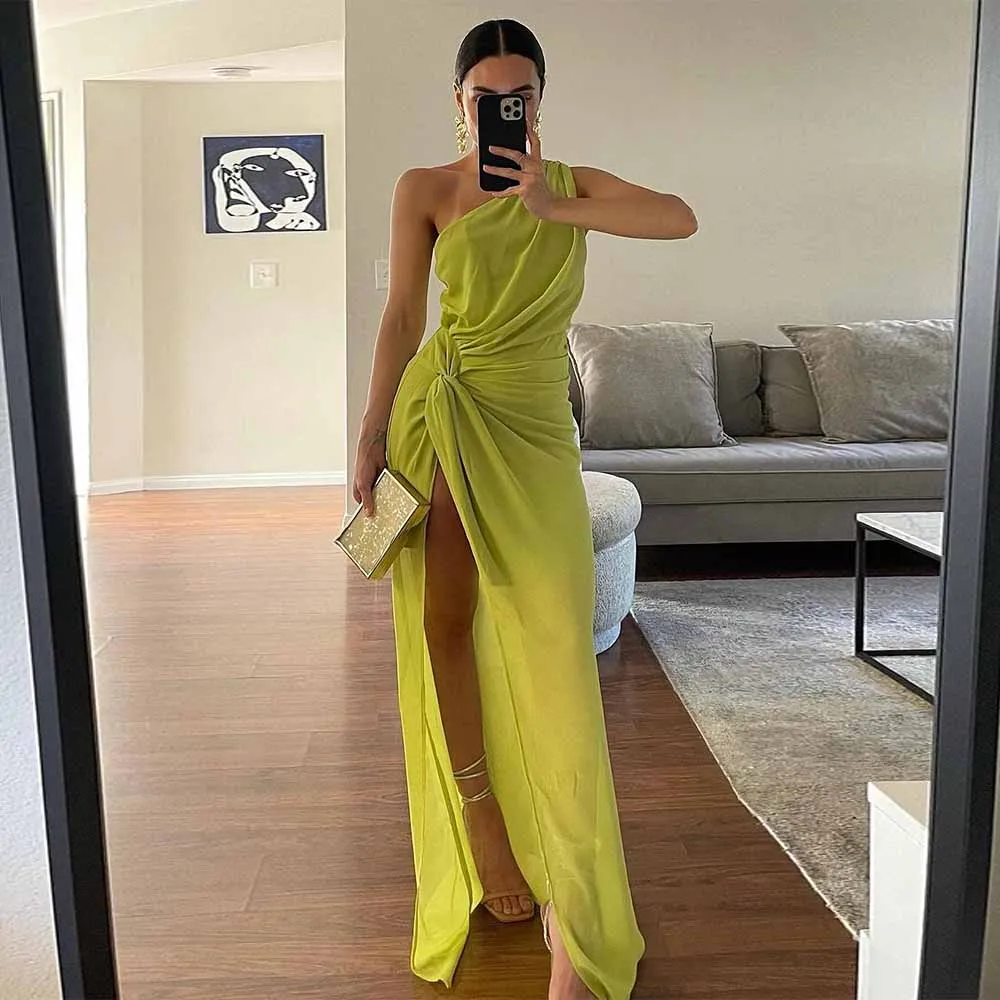 

Formal Dresses for Special Events Chiffon Sheath/Column Prom Dress Green One-shoulder Pleat Side Split Party Dress Long 2025
