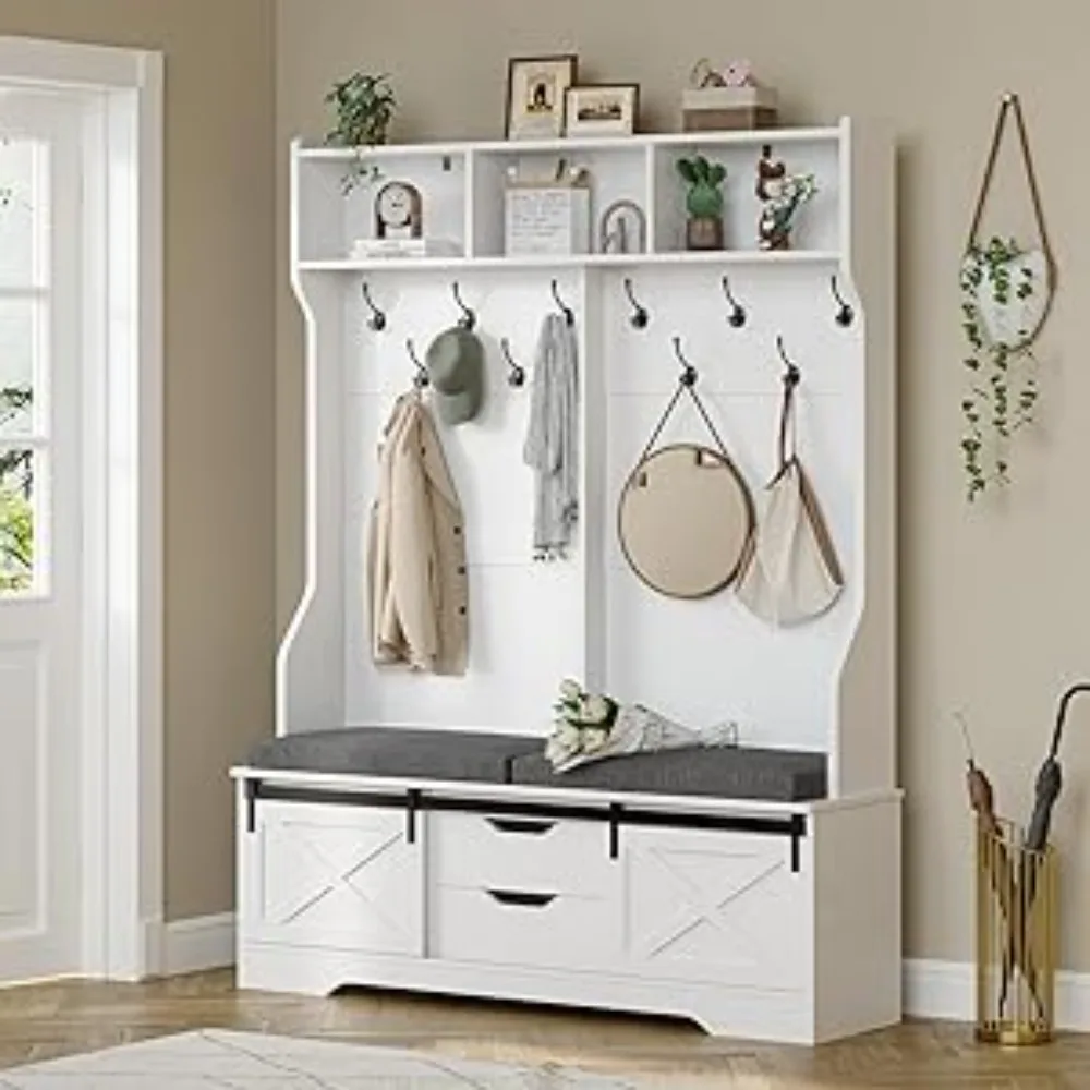 Entryway Bench with Coat Rack, Modern Farm House Barn Door 3-in-1 Hall Tree with Storage Cushioned Bench Stool and Hooks