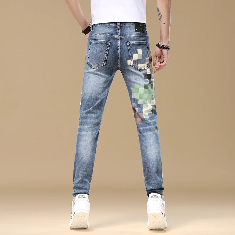 High-end summer jeans men's slim fit skinny street trend Korean style fashionable printed casual denim pants