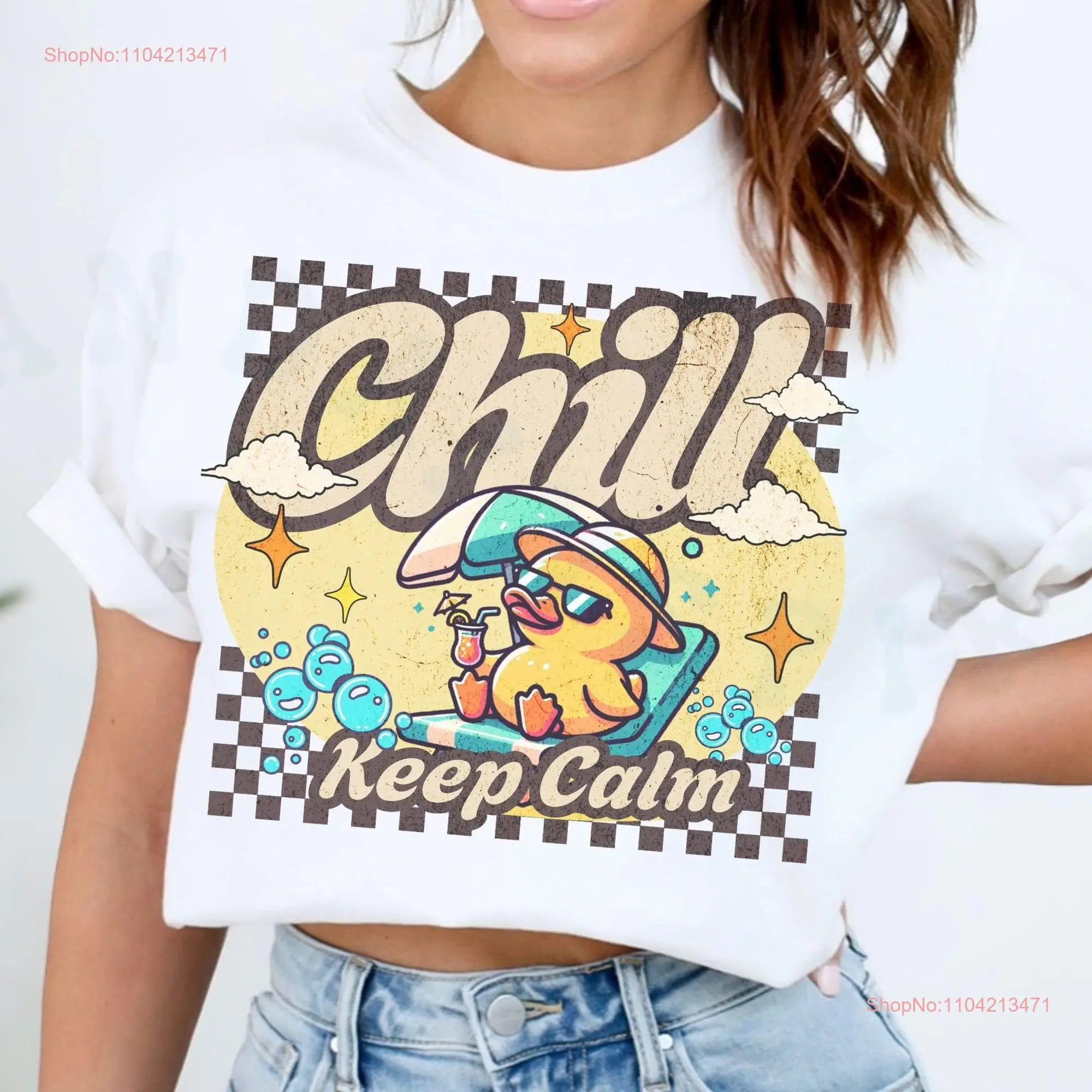 Chill Rubber Duck Beach Comfort Colors T Shirt Whimsical Summer Laid Back Retro Checkerboard Design Playful Casual Humorous