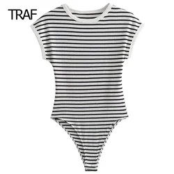 TRAF Women's Bodysuit Spring 2024 Striped Rib Knit Bodysuit O-Neck Sleeveless High Spandex Bodysuits Luxury Designer Bodysuits